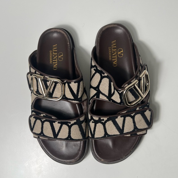 Valentino Garavani Toile Iconograph Double Strap V-Logo Slide Sandals Mule - Picture 9 of 15